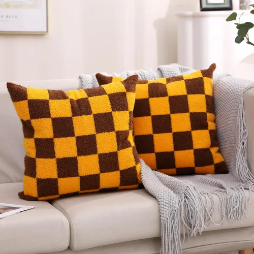 Vista 28 de Alysheer Fundas de almohada decorativas bordadas a cuadros 18"x 18", juego de 2, fundas de almohada de algodón con patrón tuftado de cuadros