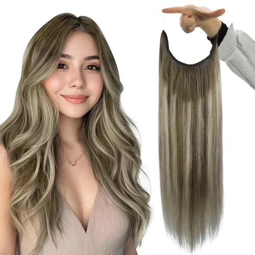 Vista 13 de Fshine - Extensiones de cabello con hilo invisible de 12 pulgadas, color rubio ceniza con reflejos de rubio decolorado, pieza de cabello humano real