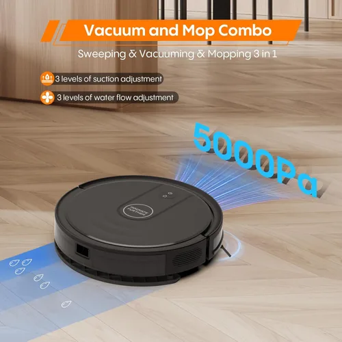 Vista 2 de Robot aspirador y trapeador, robot aspirador 3 en 1 con 5000 Pa, aspiradoras robóticas de navegación inteligente con limpieza multisuperficie, 2.87