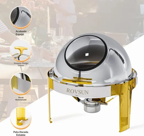 Vista 6 de ROVSUN Platos de Roce con Parte Superior Enrollable para Buffet 6QT, Juego de Platos de Roce Redondos de Acero Inoxidable para Buffet, Juego