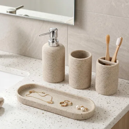 Vista 6 de Juego de accesorios de baño, organizador de baño para encimera, dispensador de jabón y soporte para cepillo de dientes, taza de enjuague bucal