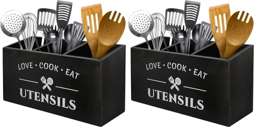 Vista 8 de MINCORD Soporte para utensilios de cocina con 3 compartimentos, caja organizadora de almacenamiento de madera rústica, caja organizadora