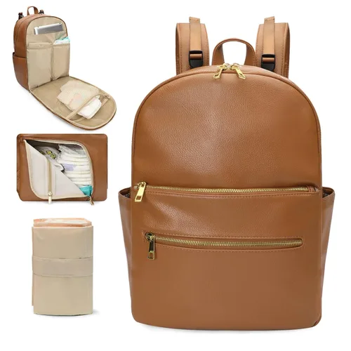 Vista 7 de Omanmoli Mochila para pañales de bebé, bolsa de pañales de cuero, mochila para mamá y papá con 18 bolsas organizadoras, 6 bolsillos aislados, Negro
