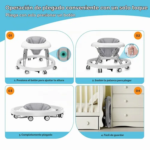 Vista 3 de Andador para bebés con ruedas, plegado de un solo toque, ajuste de altura Gris