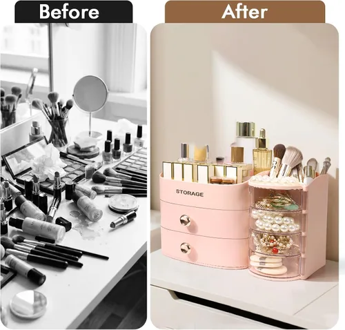 Vista 5 de XIAPIA Organizador de maquillaje para encimera, organizador de maquillaje para tocador, cuidado de la piel y organizadores de cosméticos con Rosa