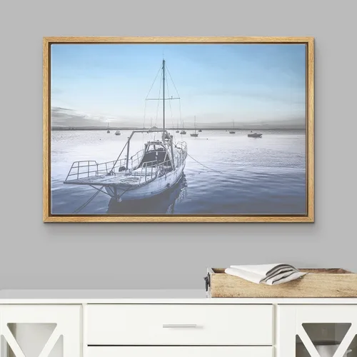 Vista 2 de wall26 Lienzo enmarcado para pared, barco de pescador en mar gris y azul, horizonte, transporte oceánico, fotografía, realismo, náutico, escénico