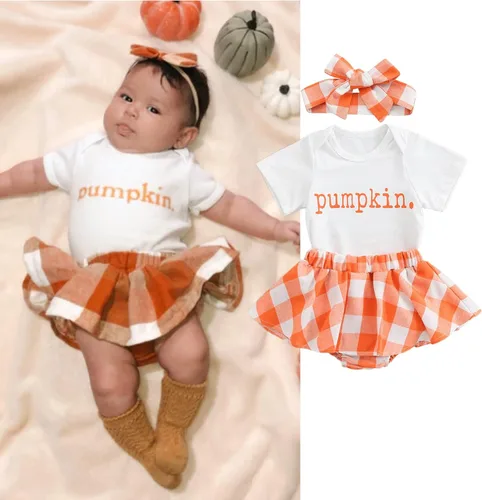Vista 5 de Conjunto de ropa de Halloween para bebé niña de manga corta con falda y diadema para Halloween