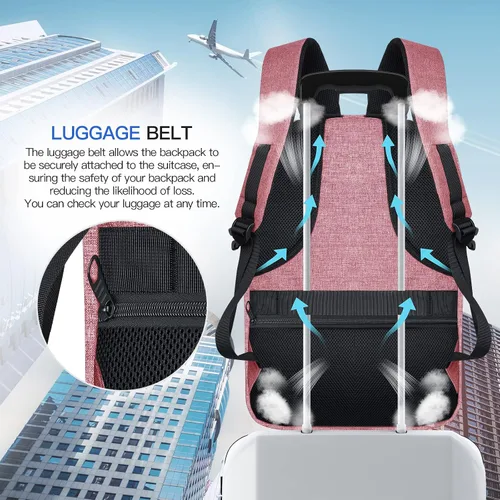 Vista 6 de Mochila de viaje grande, mochila grande para laptop de 17 pulgadas para hombres y mujeres con puerto de carga USB, Rosado, Rosa clásico