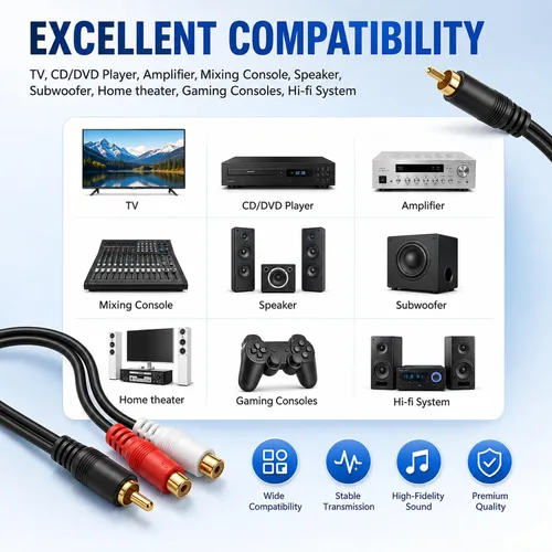 Vista 7 de Eanetf Cable divisor RCA de 1 macho a 2 hembras para altavoz de audio en Y, con conductor OFC, blindaje doble, carcasa de metal chapado en oro