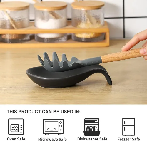 Vista 4 de Nihow Soporte de cuchara de cerámica: 4 pulgadas de soporte estable para utensilios - Soporte de cuchara resistente al calor para encimera de negro