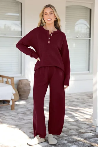 Vista 4 de PRETTYGARDEN Conjunto de 2 piezas de suéter de punto de otoño y pantalones de pierna ancha para mujer 2024