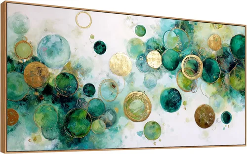 Vista 12 de JLXART Lienzo abstracto enmarcado, arte para la pared, moderno círculo verde dorado y negro, pintura colorida, obra de arte texturizada, lista