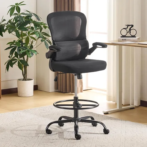 Vista 7 de Karlhome - Silla ergonómica de dibujo con soporte lumbar y reposabrazos abatibles, silla de oficina giratoria alta con anillo reposapiés de altura