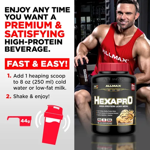 Vista 5 de ALLMAX HEXAPRO, Chocolate - 2 lb - 25 gramos de proteína por porción - 8 horas de liberación sostenida - cero azúcar - 21 porciones