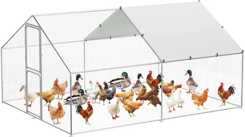 Vista 10 de Gallinero de metal grande para cubierta de techo impermeable y anti-UV, jaula para exteriores, gallinero para patio, granja, 9.8 x 19.7 x 6.6 pies