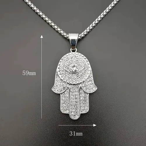Vista 3 de Turkish Evil Eye Hand of Fatima Pendant Necklace Gold Color Stainless Steel Iced Out Chains For Women Men Hip Hop Jewelry