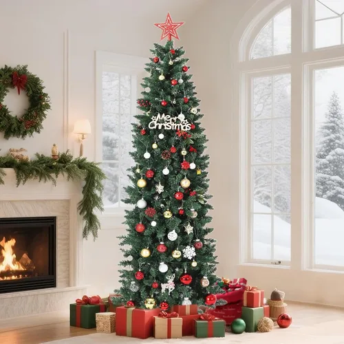 Vista 8 de Árbol de Navidad artificial de 6 pies, árbol de Navidad preiluminado con 120 luces LED, ramas con bisagras y soporte de metal para decoración
