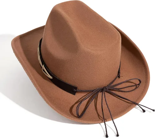 Vista 2 de Lisianthus Sombreros de fieltro de ala ancha para hombre y mujer, estilo vaquero occidental, con cinturón