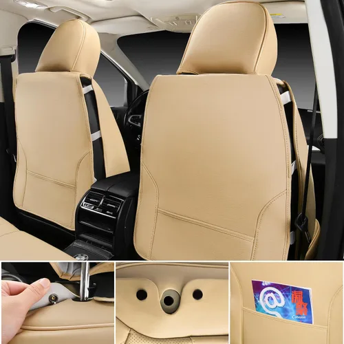 Vista 5 de CAR PASS Fundas de cuero beige para asiento de automóvil, juego completo de fundas de asiento automotriz transpirables e impermeables, cojín