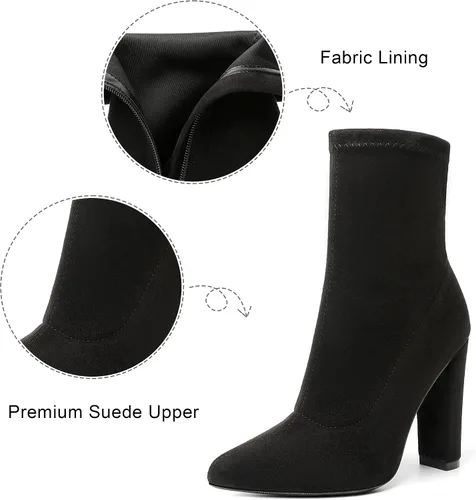 Vista 3 de risdoada Botas de tacón grueso para mujer, botas de tobillo puntiagudas de gamuza elástica para otoño e invierno, botines de tacón alto a media