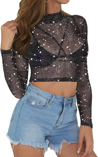 Vista 4 de MANGOPOP Women's Short Sleeve Long Sleeve Sheer Mesh Crop Tops Tee Shirt Blouse