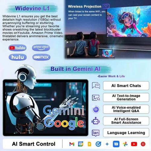 Vista 4 de Tablet Android 15 2026, tabletas de 10 pulgadas con Gemini AI, 30GB+64GB+1TB Expand, tabletas electrónicas 2 en 1 Octa-Core con teclado, mouse, WiFi