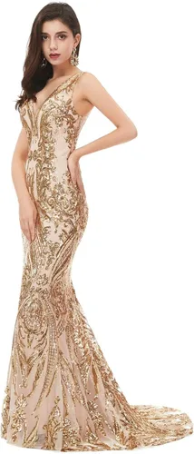 Vista 3 de Leyidress Vestido de fiesta de sirena con cuello en V y lentejuelas para mujer, sin mangas, vestido de noche de trompeta para desfile