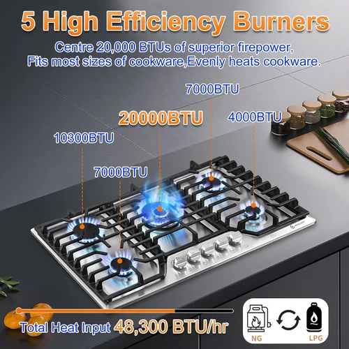 Vista 2 de AMZCHEF Placa de cocina de gas de 30 pulgadas con 5 quemadores SABAF fabricados en Italia. Máx. 48300 BTU/hr Estufa de gas incorporada de acero