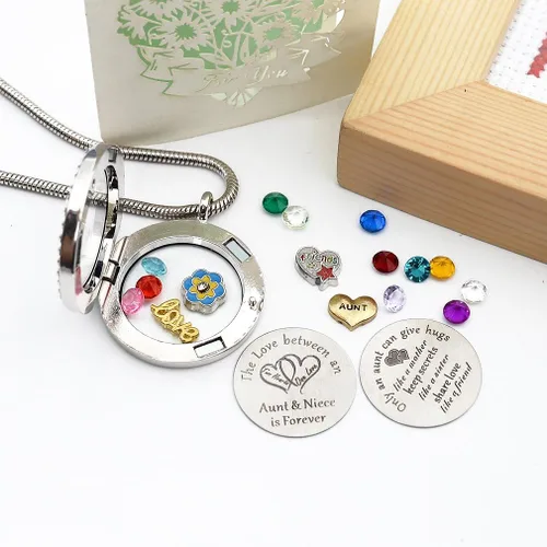 Vista 6 de El mejor regalo para sobrina tía, colgante de medallón de memoria flotante con dije y piedra natal para mujeres, niñas y adolescentes