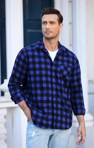 Vista 2 de COOFANDY Camisas de franela a cuadros de manga larga con botones para hombre