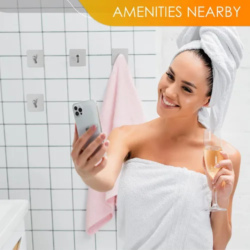 Vista 5 de Ganchos autoadhesivos para toallas de baño de níquel cepillado para montar en la puerta de baño, tiras fuertes de acero inoxidable SUS304