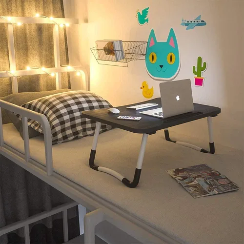 Vista 2 de Mesa portátil para laptop de oficina con cajón de almacenamiento, porta-taza y soporte para teléfono, mesa de bandeja para cama, escritorio plegable