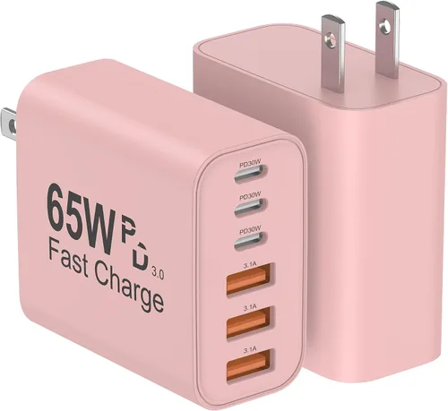Vista 11 de Bloque de Cargador USB C, Paquete de 2 Cargadores de Pared USB C de 65W con 6 Puertos, Cargador de Pared para iPhone, Adaptador de Corriente PD+QC