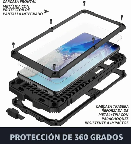 Vista 5 de Funda ultra resistente para Galaxy S22, protector de pantalla y soporte de metal integrado, impermeable, a prueba de polvo y caídas, resistente Negro
