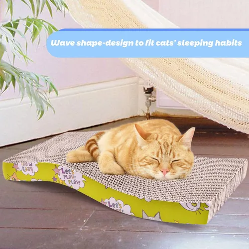 Vista 6 de PrimePets Rascador de cartón para gatos, almohadilla para rascar con forma curva, rascador de gato, tablero corrugado reversible con hierba gatera