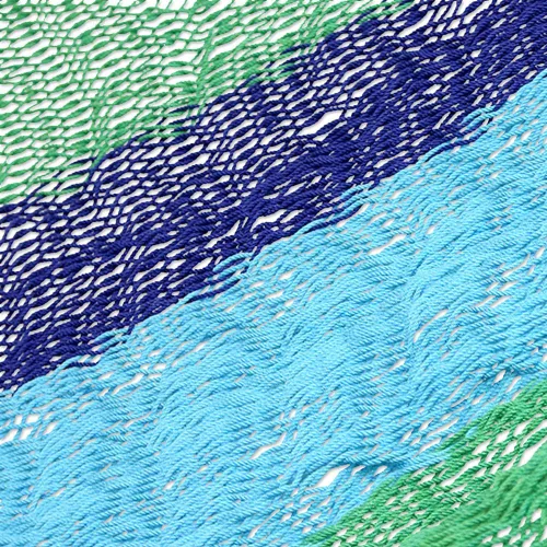 Vista 3 de NOVICA Hamaca artesanal de algodón hecha a mano, comercio justo, rayas mexicanas, maya, doble azul, verde, cuerda de buceo