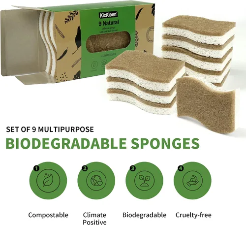 Vista 2 de Paquete de 9 esponjas de cocina naturales biodegradables – Esponja compostable de celulosa y nuez de coco – Esponjas ecológicas sostenibles