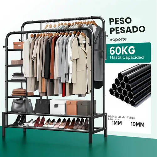 Vista 2 de Perchero de ropa de doble barra con 2 estantes inferiores y 4 estantes laterales, perchero de metal para colgar ropa, perchero resistente para Negro