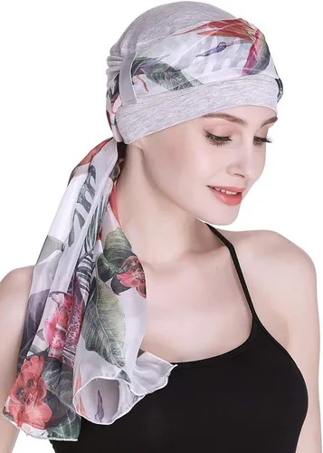 Vista 5 de Elegante gorro de quimioterapia con bufandas sedosas para mujeres con cáncer para pérdida de cabello