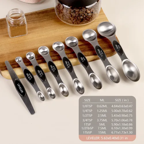 Vista 3 de ChefAide Paquete de 8 Cucharas Medidoras Magnéticas de Acero Inoxidable, de Doble Cara, Apilables, Cucharadita y Cucharada Medidoras Ajustables