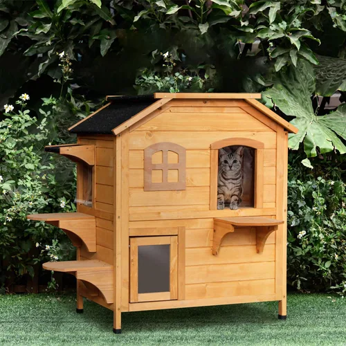 Vista 8 de 2-Story Wooden Cat House - Outdoor Cat Enclosure for Multiple Cats