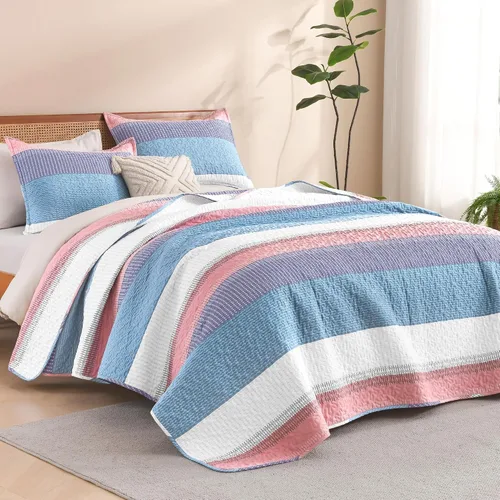 Vista 13 de Litanika Edredón tamaño Queen, juego de ropa de cama de 3 piezas a rayas 01 - Blanco y negro