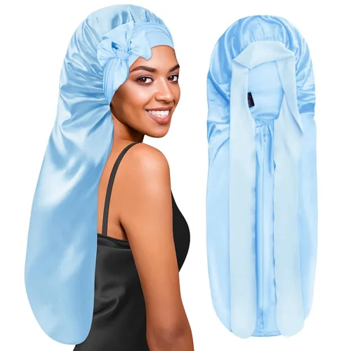 Vista 13 de BONNET QUEEN Gorro de Trenza de Seda Gorro Plegable Extra Largo para Trenzas con Banda de Atar, Capó de Satén Largo para Dormir, Verde Oscuro