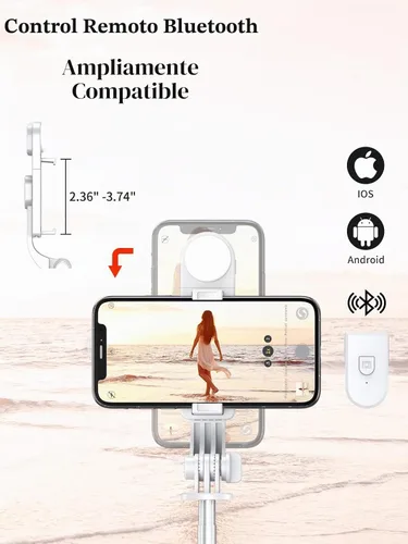 Vista 4 de Trípode para selfie stick con control remoto inalámbrico, trípode para selfie stick de 46 pulgadas con luz de relleno LED, para iPhone 16/15/14/14