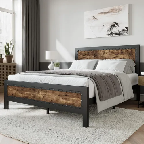 Vista 9 de SHA CERLIN Marco de cama gris de metal tamaño completo, base de plataforma de madera industrial con cabecero y pie de cama con remaches, no necesita