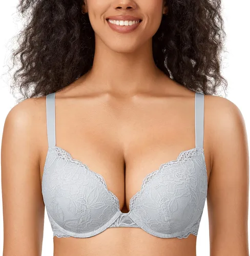 Vista 20 de DOBREVA - Brasier de encaje con efecto push up para mujer, con aros, con inmersión, cobertura completa, sexy, talla grande, con soporte Beige