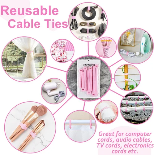 Vista 3 de 70 bridas de cables reutilizables color rosa, para organizar cables, reutilizables, para electrónica, de gancho y bucle para computadora, de 4, 6, 8