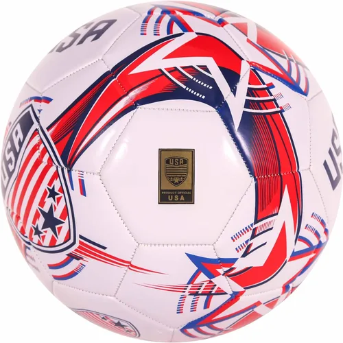 Vista 2 de Balón de fútbol americano CLASICO – Tamaño 5, balón de partido con base blanca limpia y colores rojo y azul de EE. UU., incluye bomba y aguja