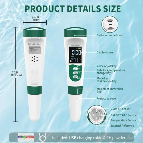 Vista 2 de Medidor de pH digital 5 en 1, con función de voz, PH/TDS/EC/Temp/Salt Pool Salt Tester, medidor de pluma impermeable y recargable para piscinas