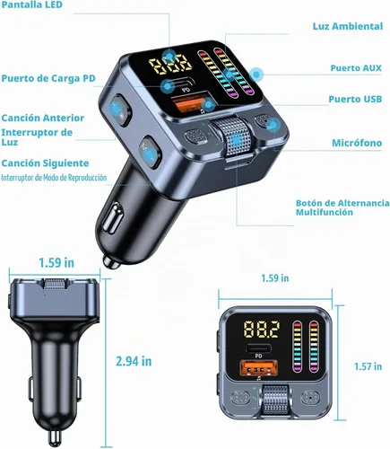 Vista 8 de Adaptador de coche Bluetooth 5.3 con transmisor FM 42W PD carga rápida Bluetooth AUX USB Music Receiver HandsFree Calls, Beat Sync LED Lights for